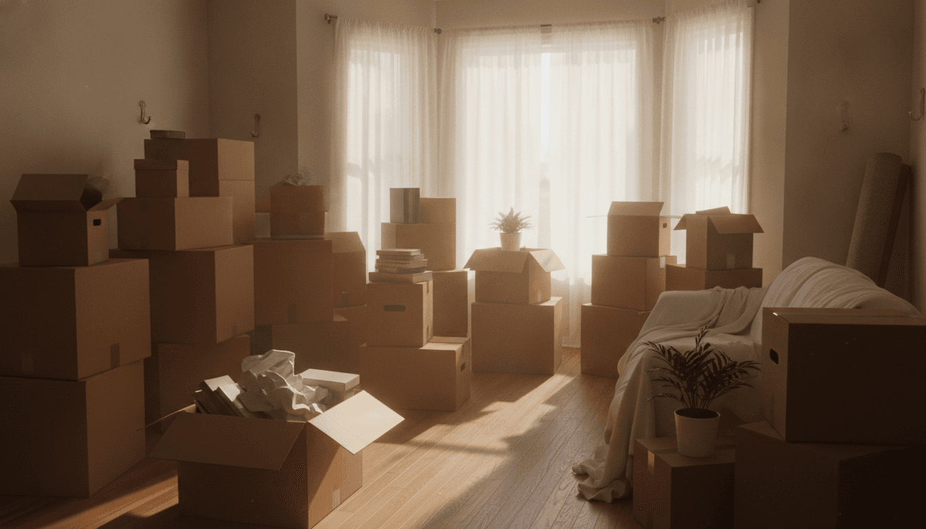 A room full of stacked moving boxes